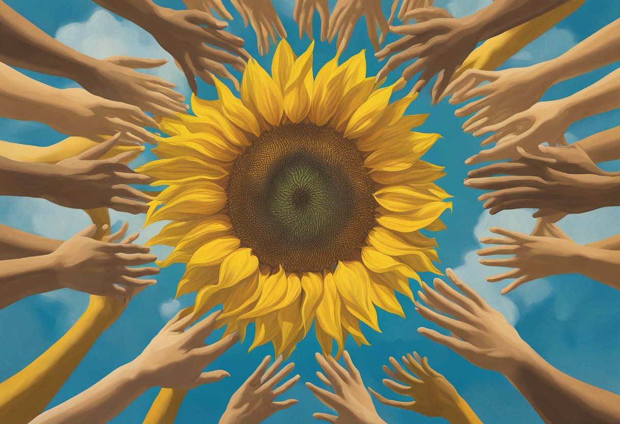 A vibrant sunflower reaching towards the sky, surrounded by a circle of supportive hands
