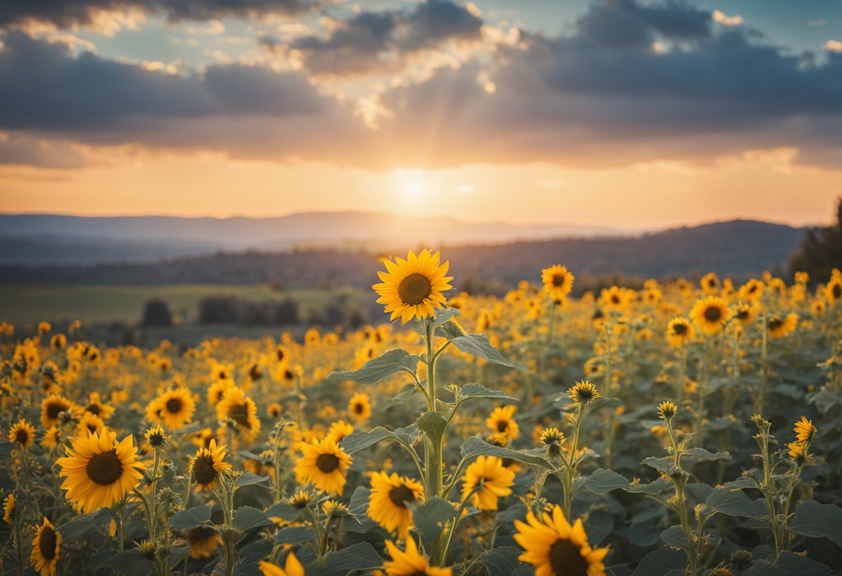 A lone sunflower stands tall amidst a field of vibrant wildflowers, symbolizing resilience and embracing new norms after cancer