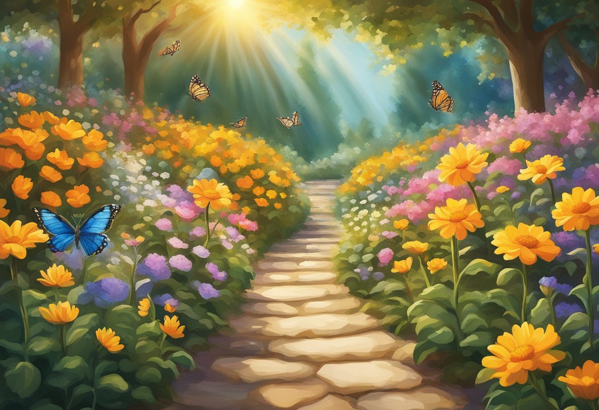 A vibrant garden with colorful flowers and butterflies, symbolizing renewal and vitality. A sun shining brightly overhead, casting a warm and hopeful glow over the scene