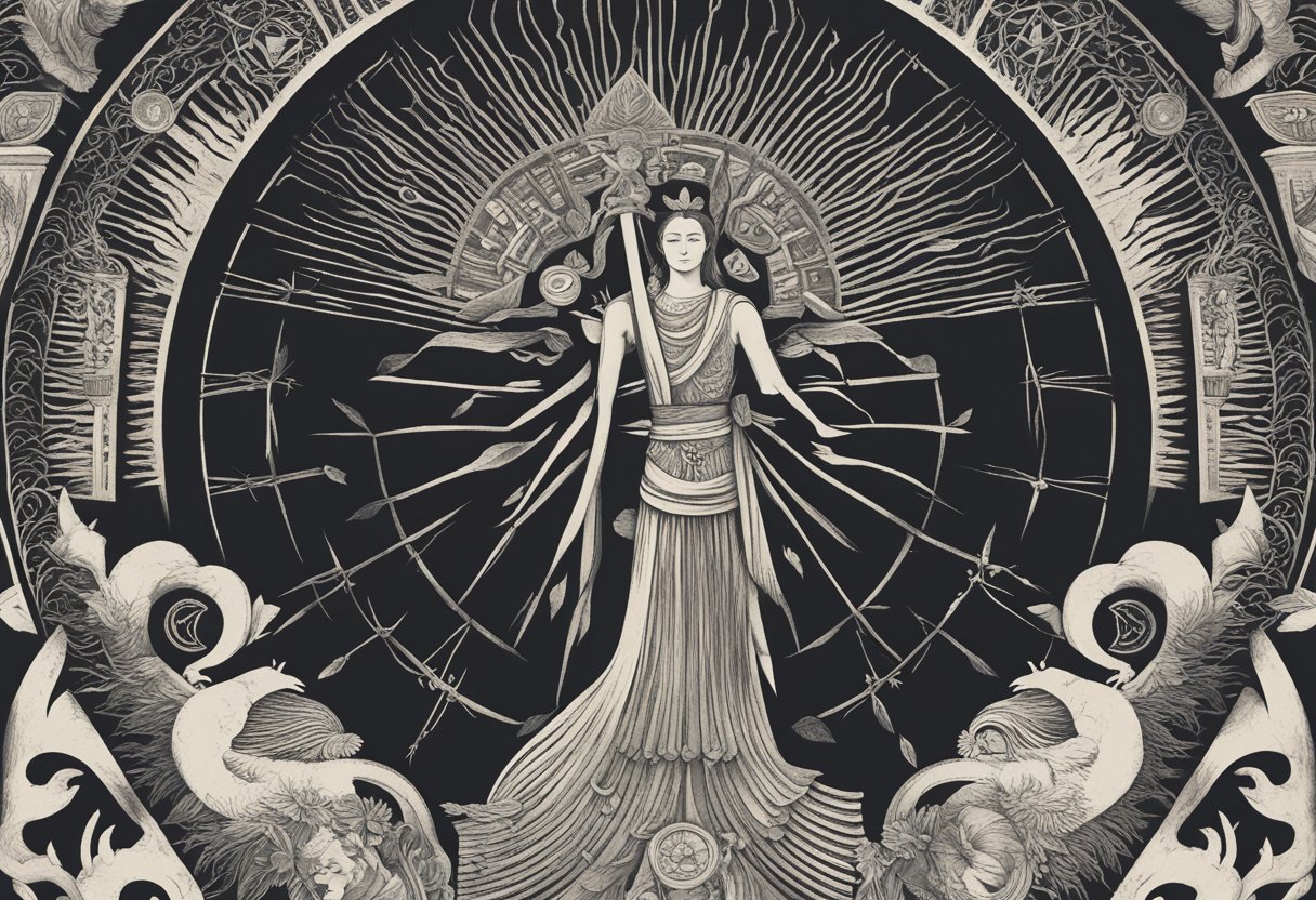 A figure stands tall, radiating strength and resilience, surrounded by symbols of change and adaptation