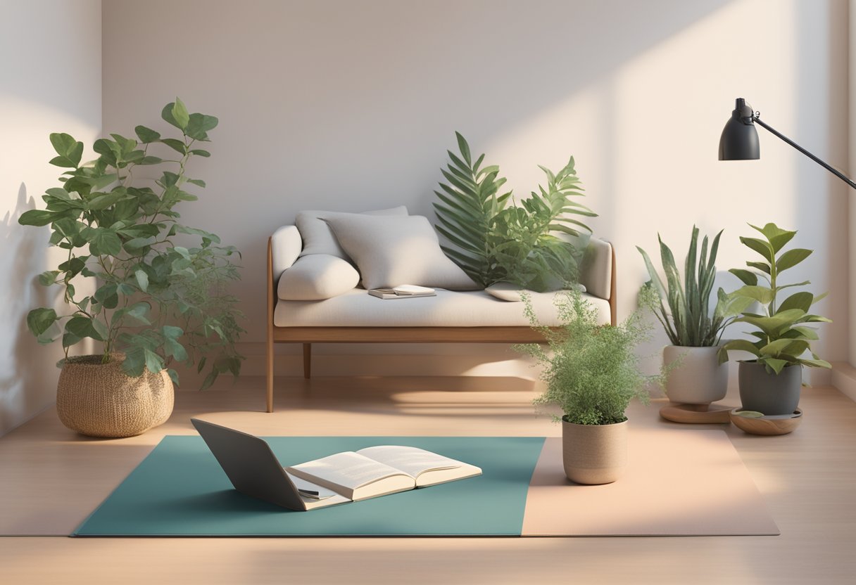 A serene setting with a journal, plants, and a yoga mat, symbolizing intentional goal-setting and self-care practices for a cancer thriver