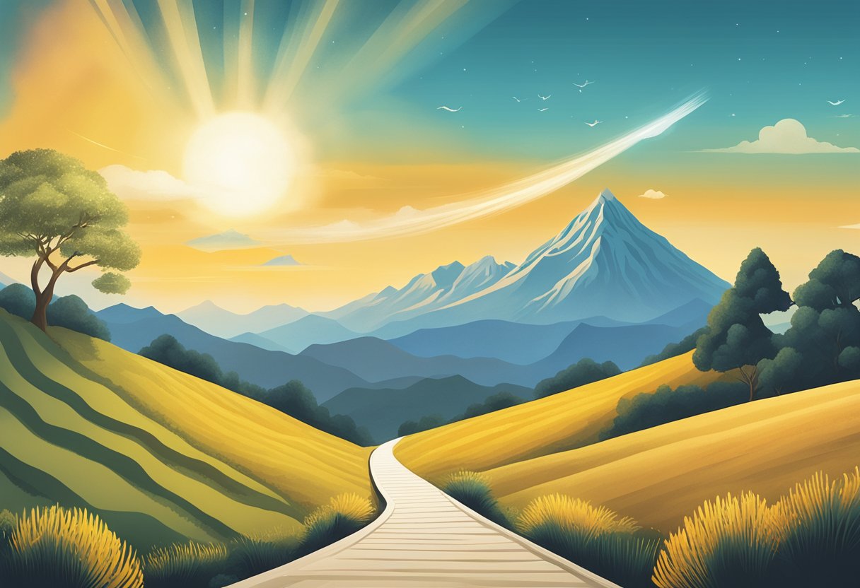 A bright sun rises over a serene landscape, with a clear path leading towards a mountain peak. A banner with the words "Implementing Positive Mindset Strategies" is flying in the wind, while a series of intentional goals are marked along the path