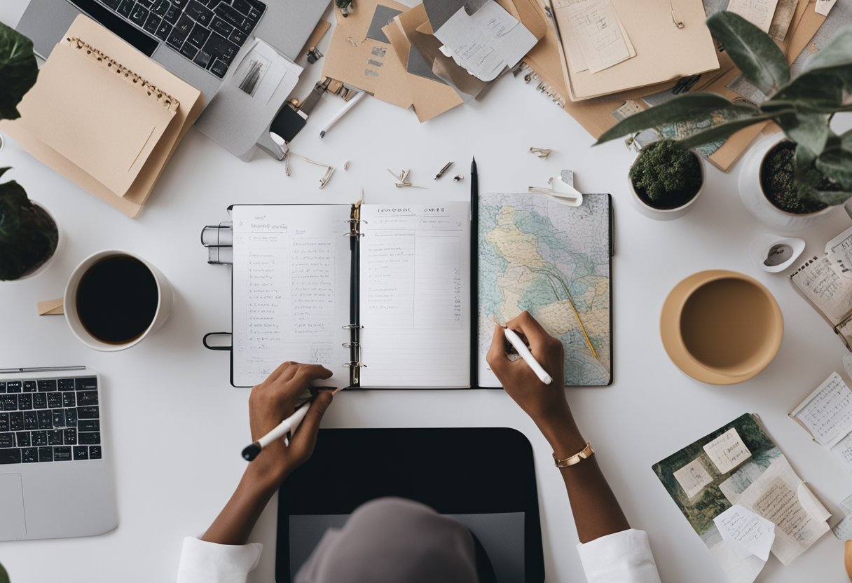 A person sitting at a desk, surrounded by notebooks and a vision board. The person is writing down intentional goals related to their cancer journey
