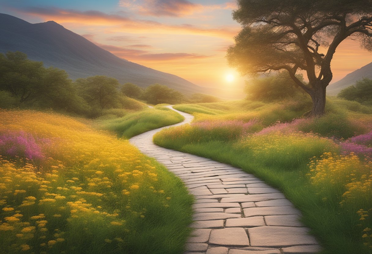 A serene nature scene with a winding path leading towards a bright, hopeful sunrise, symbolizing a supportive cancer journey and intentional goals