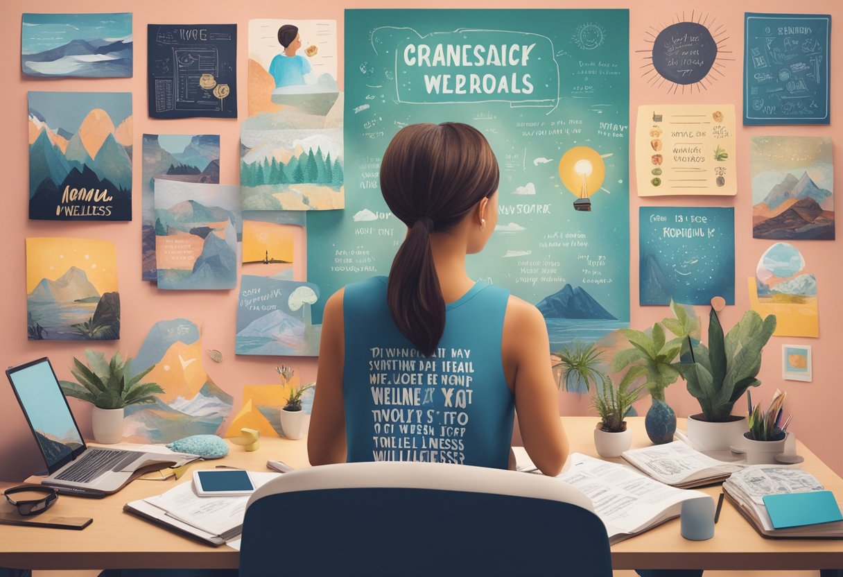 A person sits at a desk with a notebook, pen in hand, surrounded by motivational quotes and images. A vision board displays goals related to health and wellness, with a focus on overcoming cancer