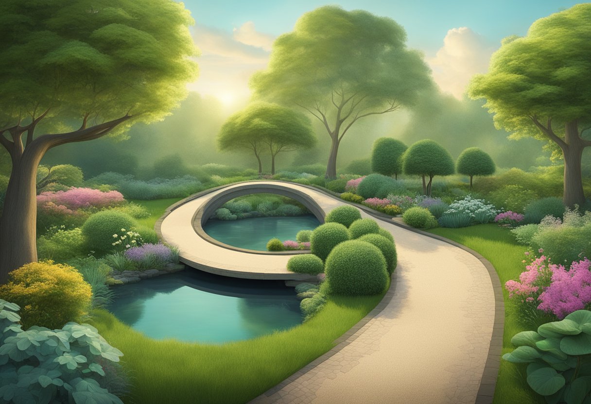A serene garden with a winding path leading to a peaceful pond surrounded by lush greenery, symbolizing balance and intentional goal-setting for a cancer thriver