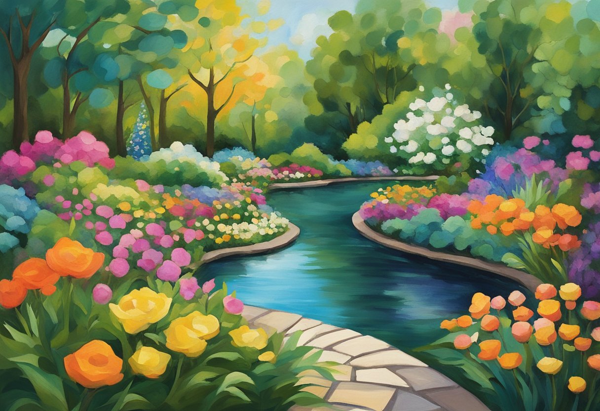 A serene garden with a winding path leading to a peaceful pond, surrounded by vibrant flowers and lush greenery, symbolizing acceptance and healing for a cancer thriver