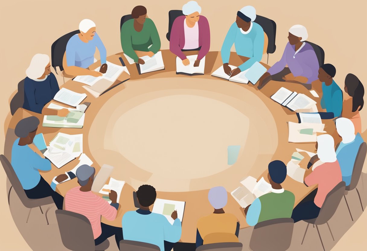 A group of cancer thrivers engage in a workshop, exchanging knowledge and experiences. They sit in a circle, sharing information and supporting each other