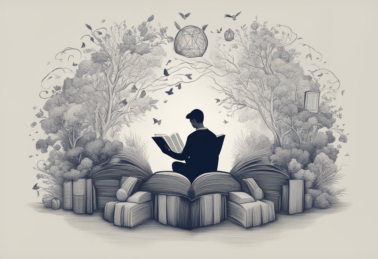 A person reading a book while surrounded by symbols of growth and resilience