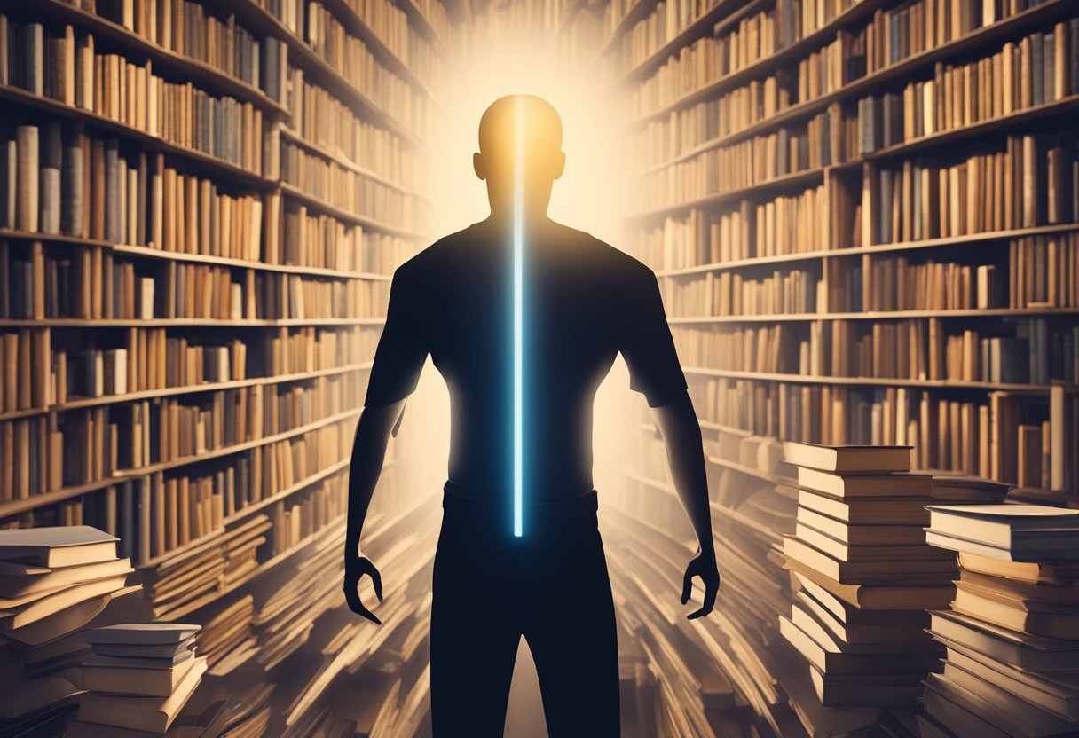 A figure strides confidently forward, surrounded by books and a glowing light symbolizing continuous learning and resilience as a cancer thriver