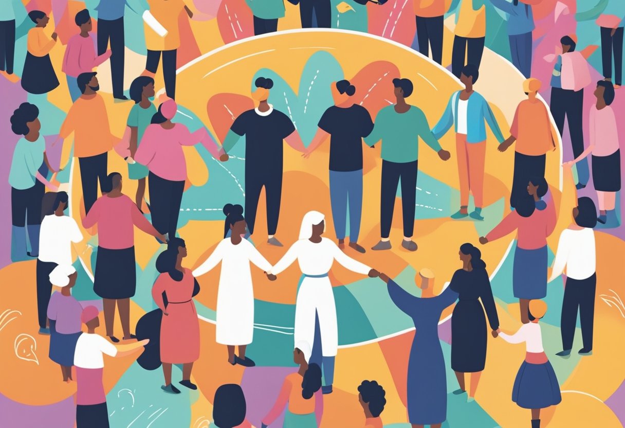 A group of diverse individuals standing in a circle, holding hands and smiling. Positive affirmations and support system messages are written on colorful banners surrounding them