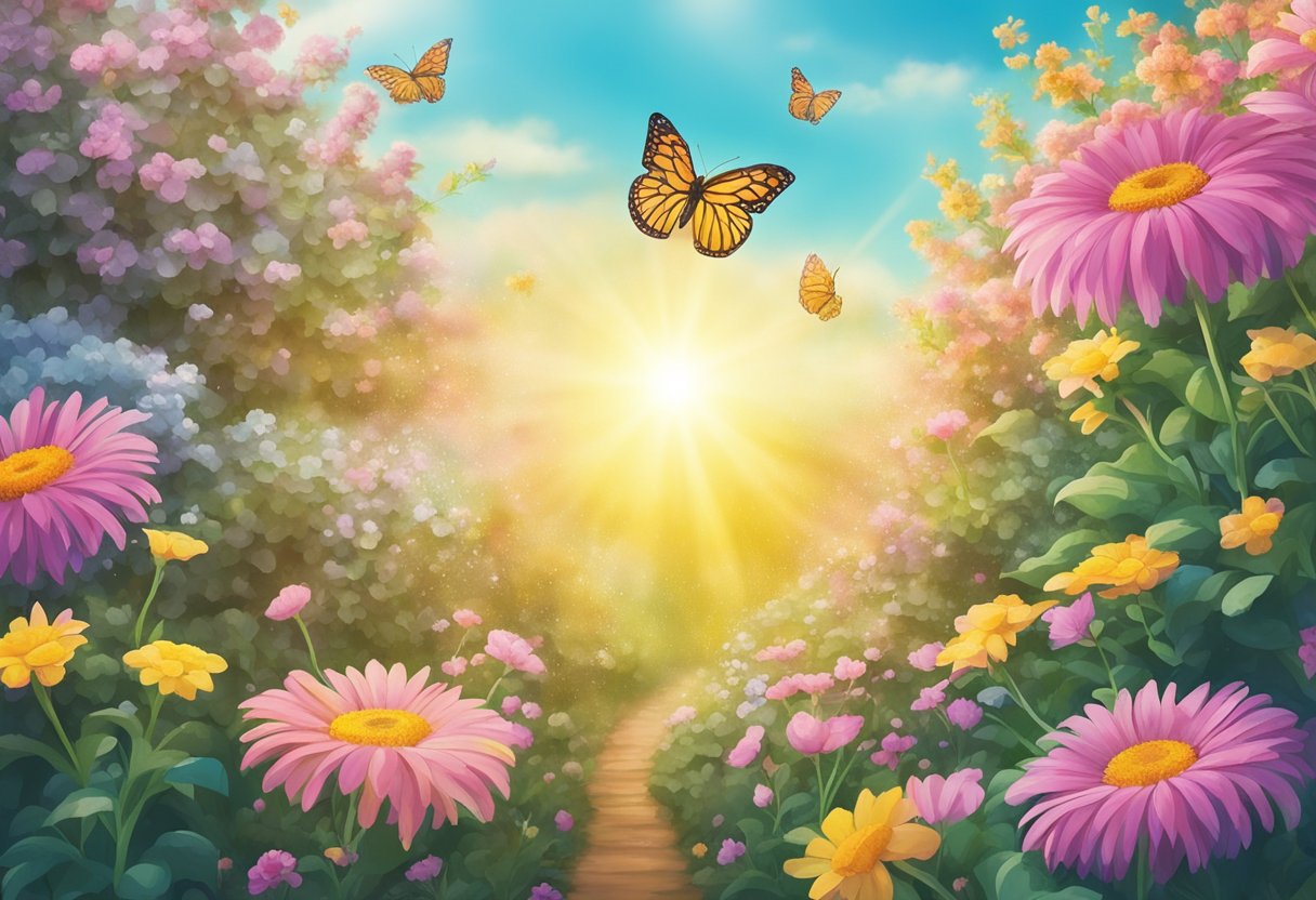A vibrant garden with blooming flowers and a butterfly, symbolizing growth and resilience. A sun shining brightly in the sky, representing hope and positivity