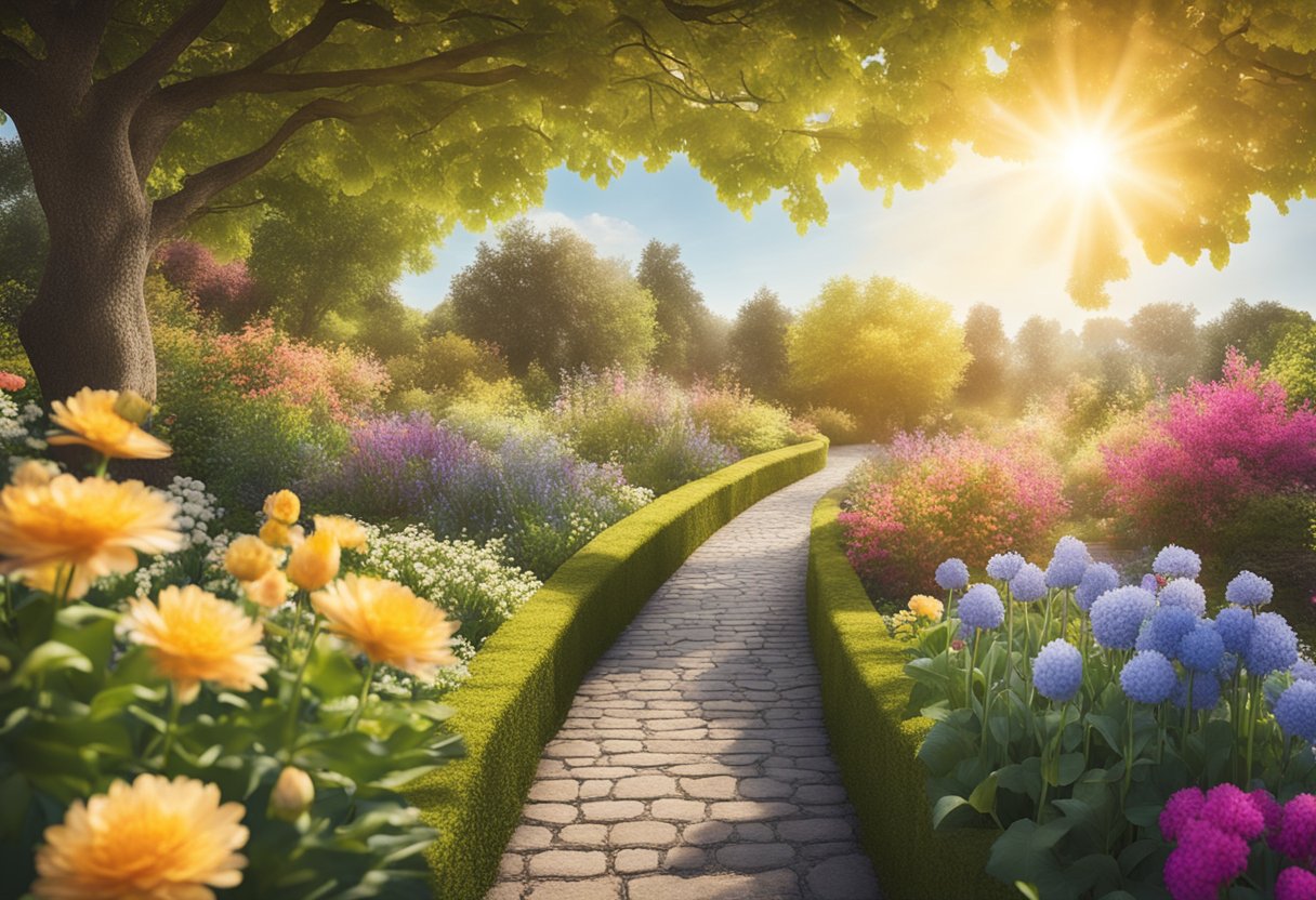 A vibrant garden with blooming flowers and a bright sun shining overhead, symbolizing hope and resilience for a cancer thriver