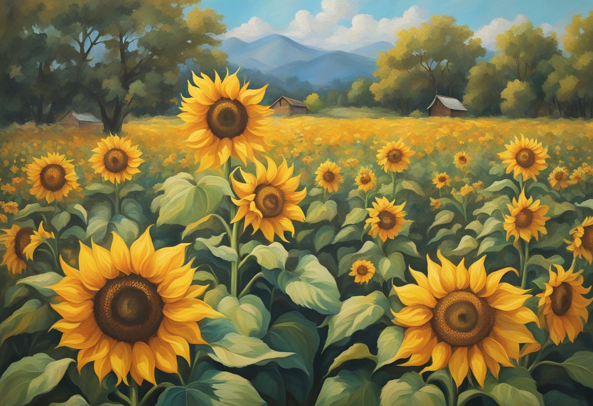 A bright, vibrant sunflower stands tall and strong, symbolizing resilience and hope. Surrounding it are colorful butterflies, representing transformation and growth