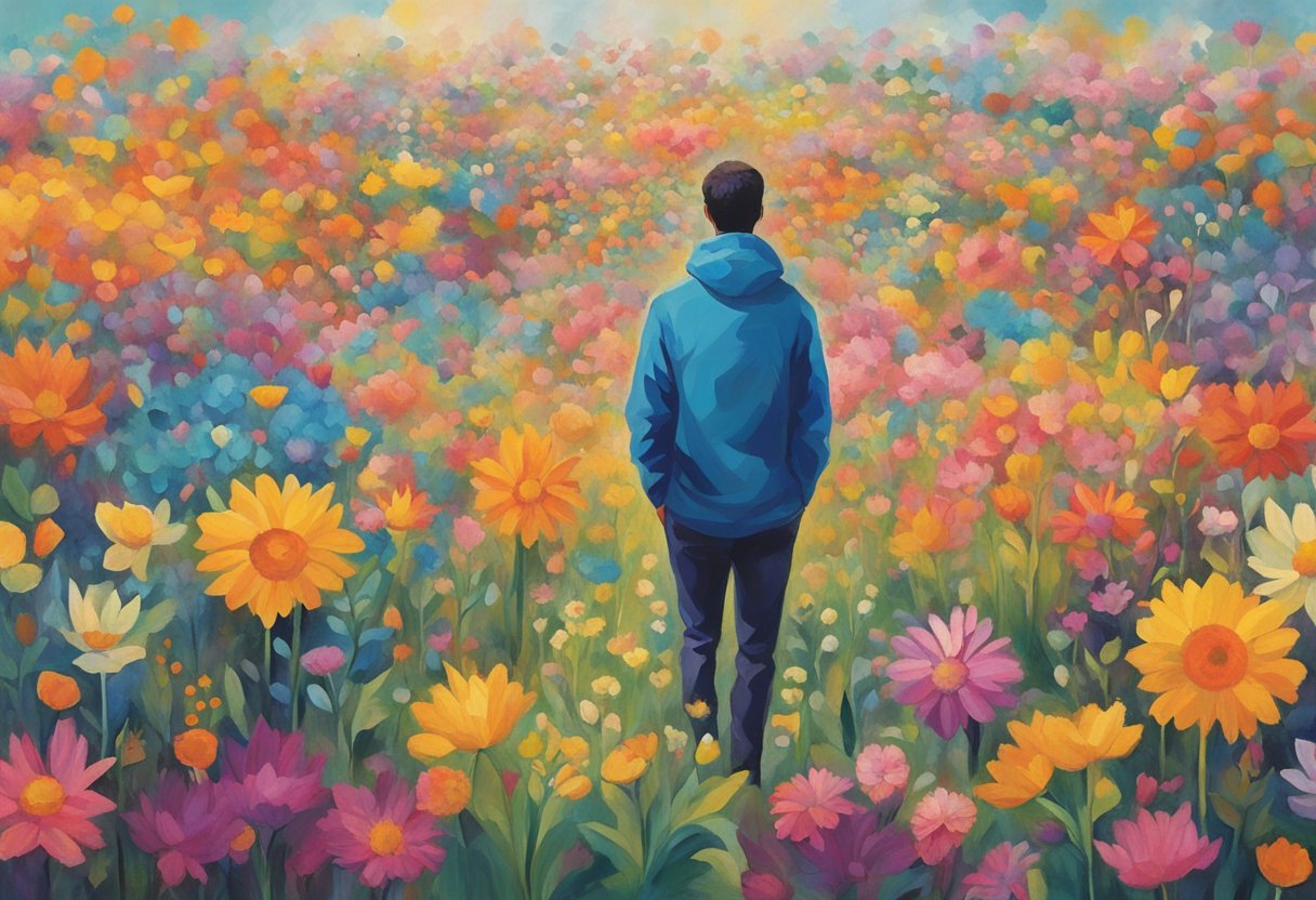 A person standing in a field of vibrant flowers, surrounded by supportive friends and family, with a sense of peace and hope radiating from their expression