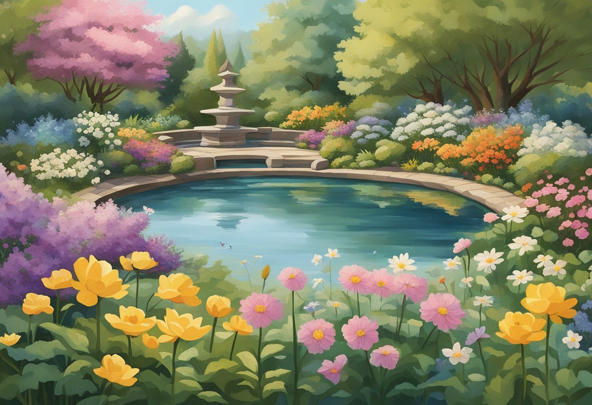A serene garden with blooming flowers and a peaceful pond, surrounded by uplifting affirmations and symbols of strength and hope