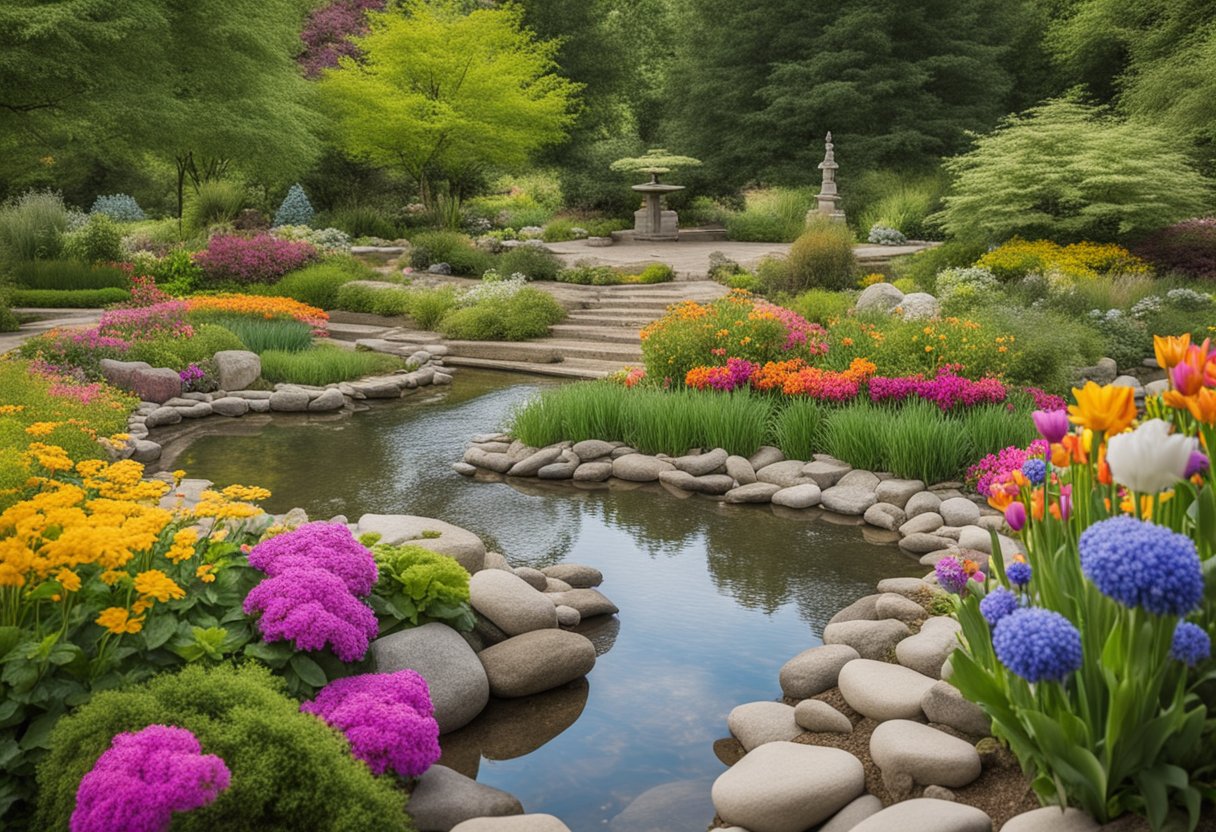A serene garden with colorful flowers and a peaceful stream, surrounded by uplifting affirmations written on stones and displayed on signs