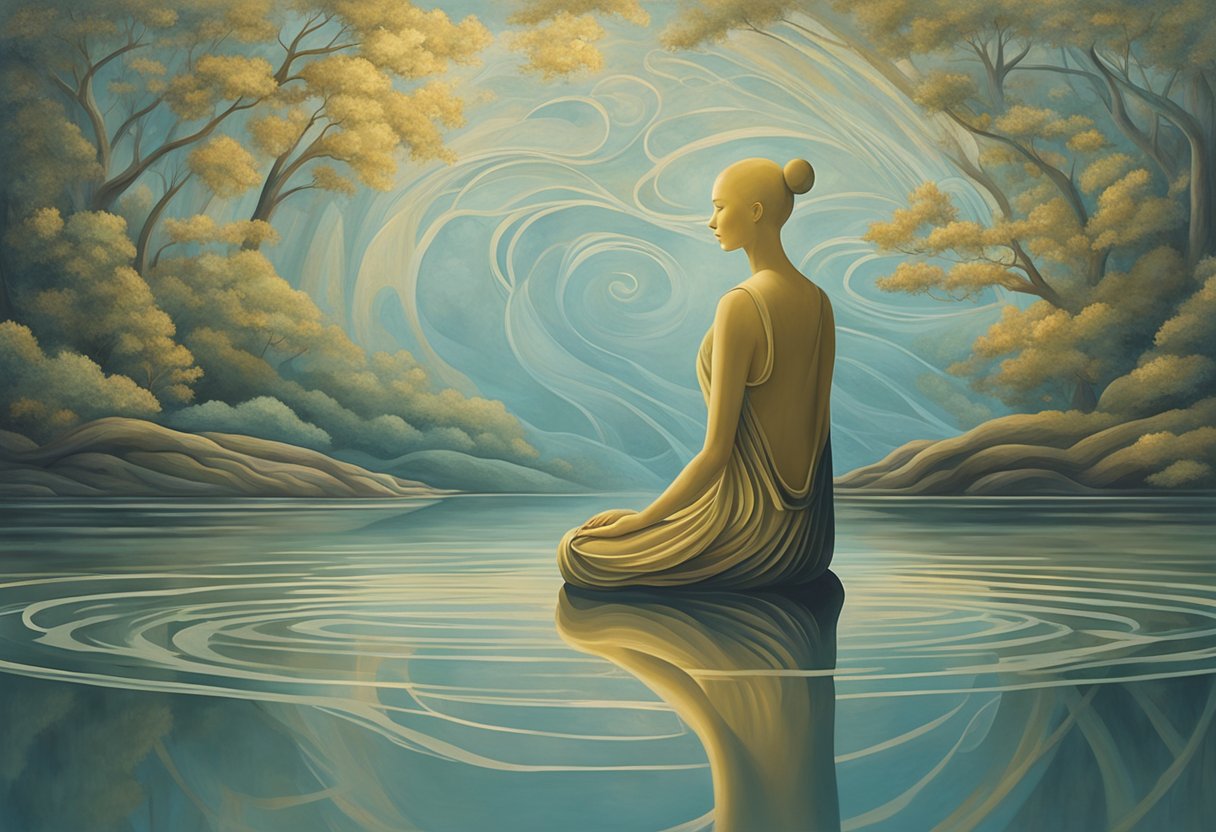 A figure sits in quiet reflection, surrounded by swirling emotions. They practice self-compassion techniques, finding strength in their journey as a cancer thriver