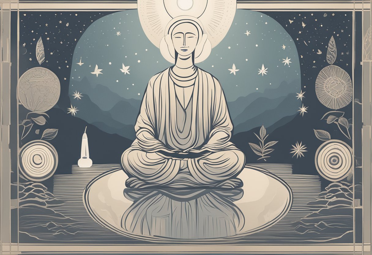 A figure sits in quiet reflection, surrounded by symbols of self-care and healing. A gentle light illuminates the scene, conveying a sense of peace and inner strength