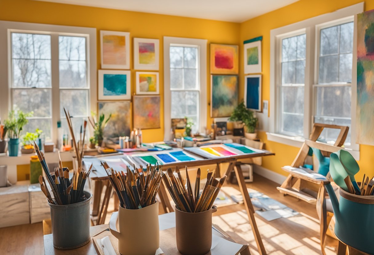 A colorful art studio with paintbrushes, canvases, and a sketchbook. A bright window lets in natural light, creating a warm and inviting space for creativity