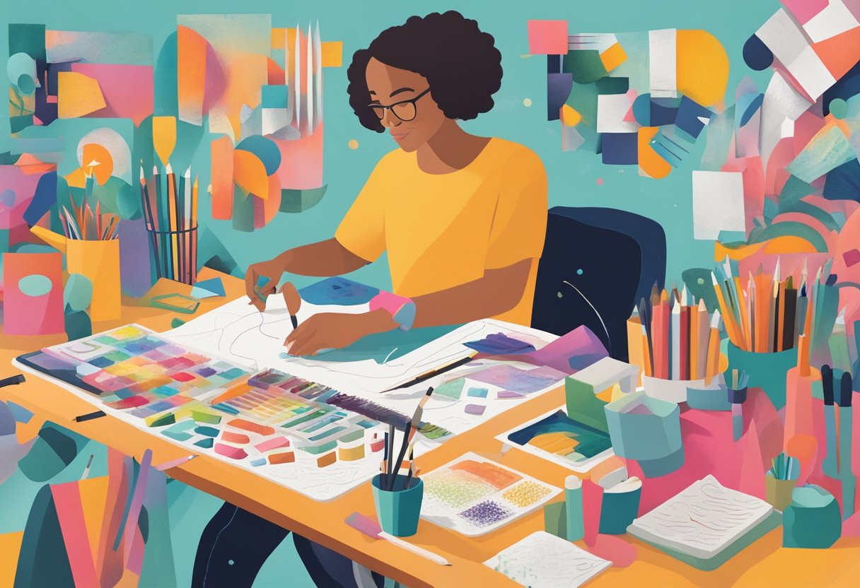 A person creating art surrounded by colorful supplies and uplifting quotes, while receiving cancer treatment