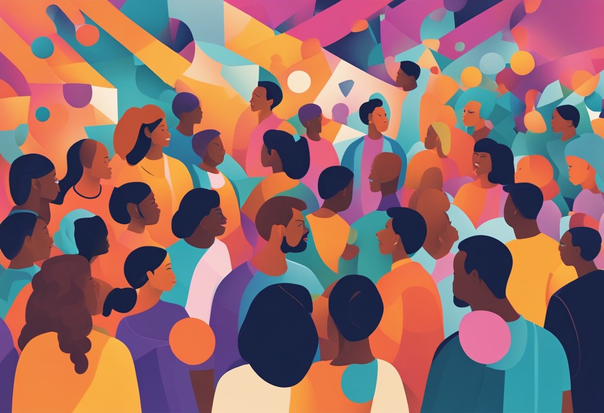 A group of diverse individuals gather in a colorful, vibrant space, sharing their creative talents and supporting one another with warmth and encouragement