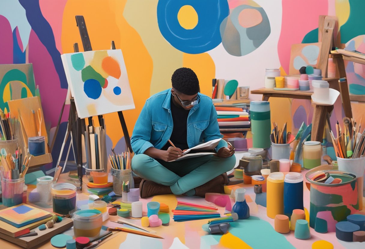 A person sits surrounded by art supplies, painting a vibrant canvas. Nearby, a journal and musical instruments await their turn