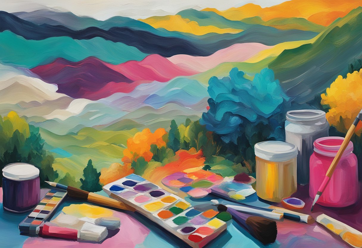 A colorful palette of art supplies scattered on a table, with a finished painting of a vibrant, resilient landscape
