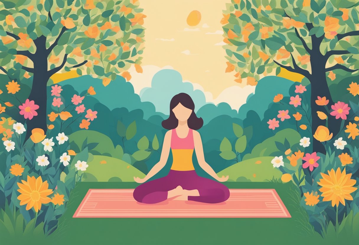 A person doing yoga in a peaceful garden, surrounded by vibrant flowers and trees, with a sense of strength and calmness emanating from their posture