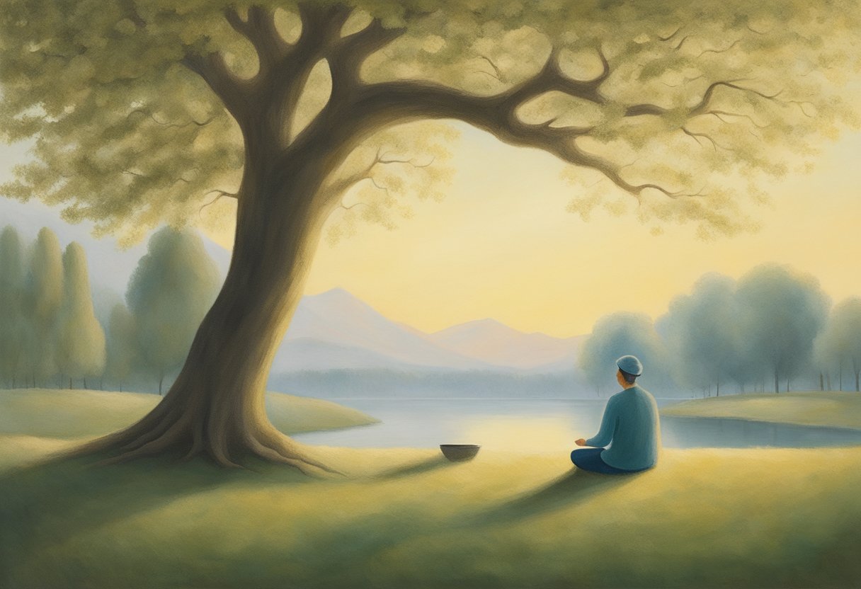 A serene figure rests under a tree, while nearby, a person engages in gentle exercise. The scene reflects the importance of balance in managing cancer