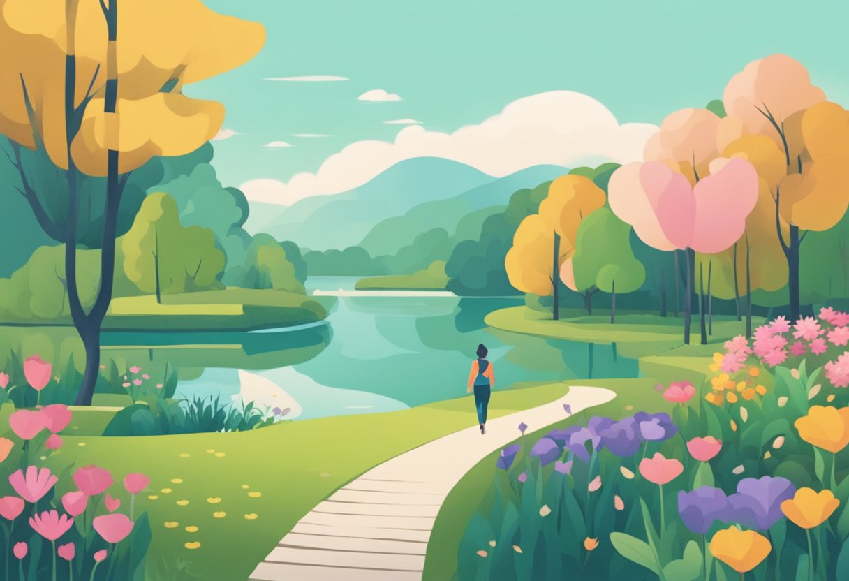 A serene park with a peaceful lake, surrounded by lush greenery and colorful flowers. A person is seen walking along a winding path, demonstrating a balance of rest and activity