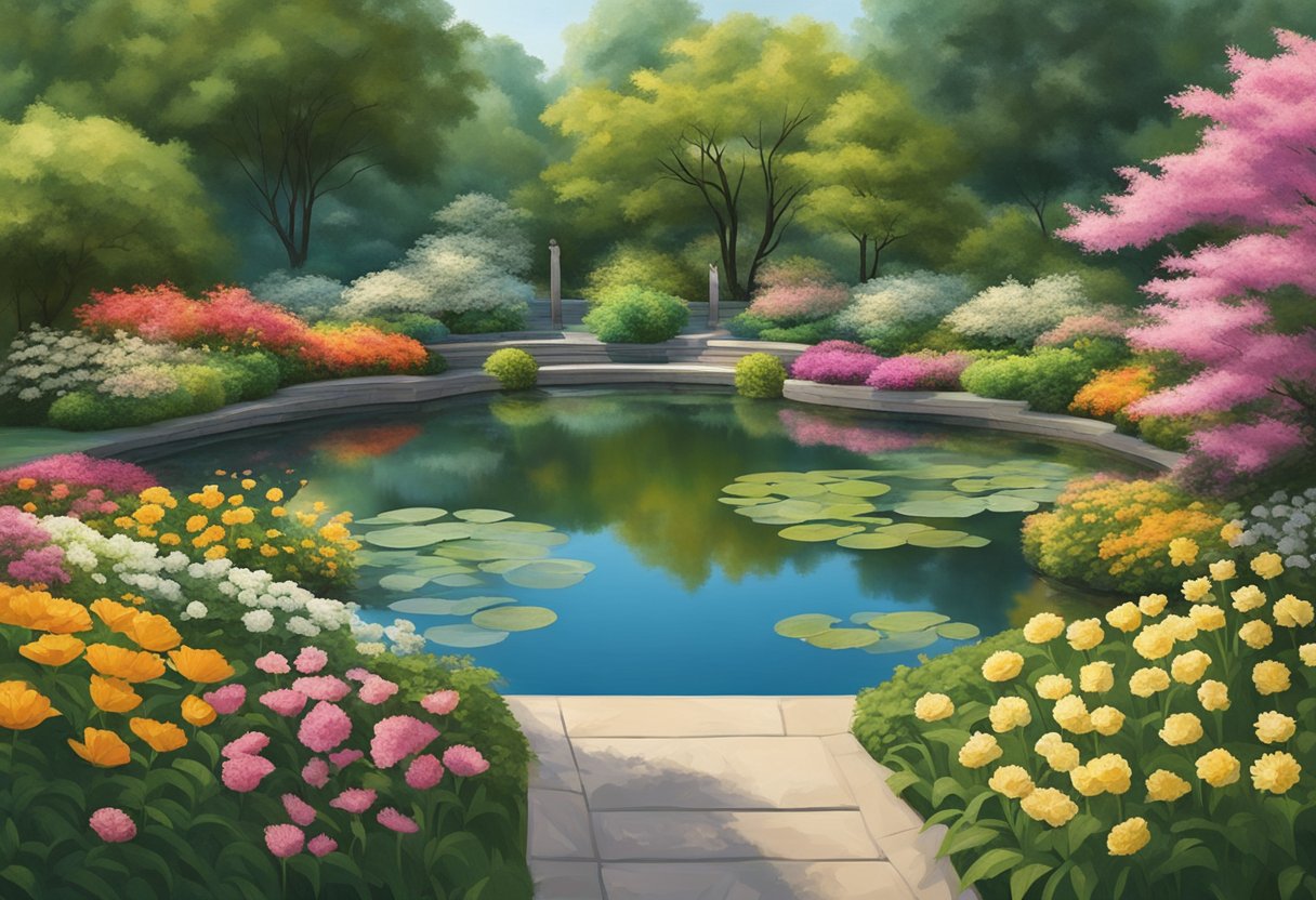 A serene garden with a peaceful pond surrounded by vibrant flowers, with a gentle breeze rustling the leaves of nearby trees