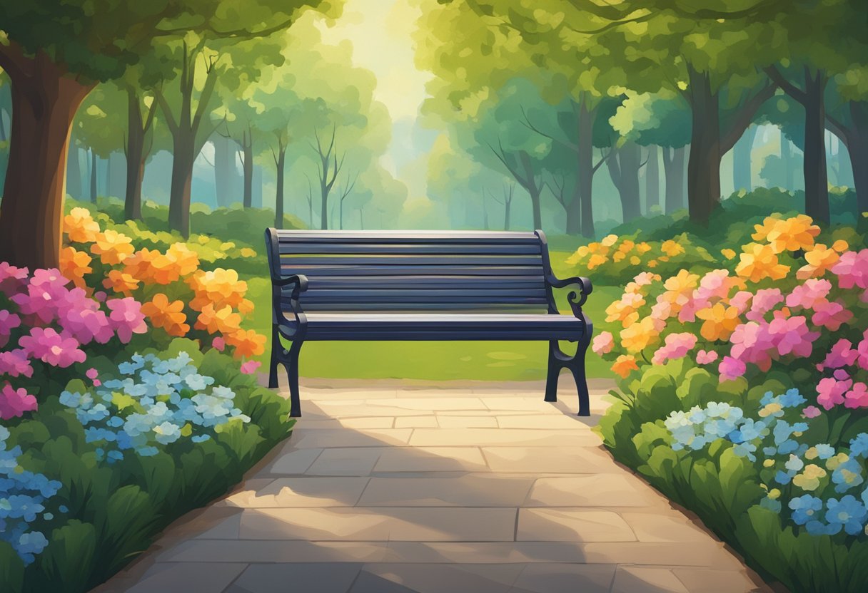 A serene park with a winding path, shaded by trees and surrounded by colorful flowers. A bench sits in a peaceful spot, inviting rest and reflection
