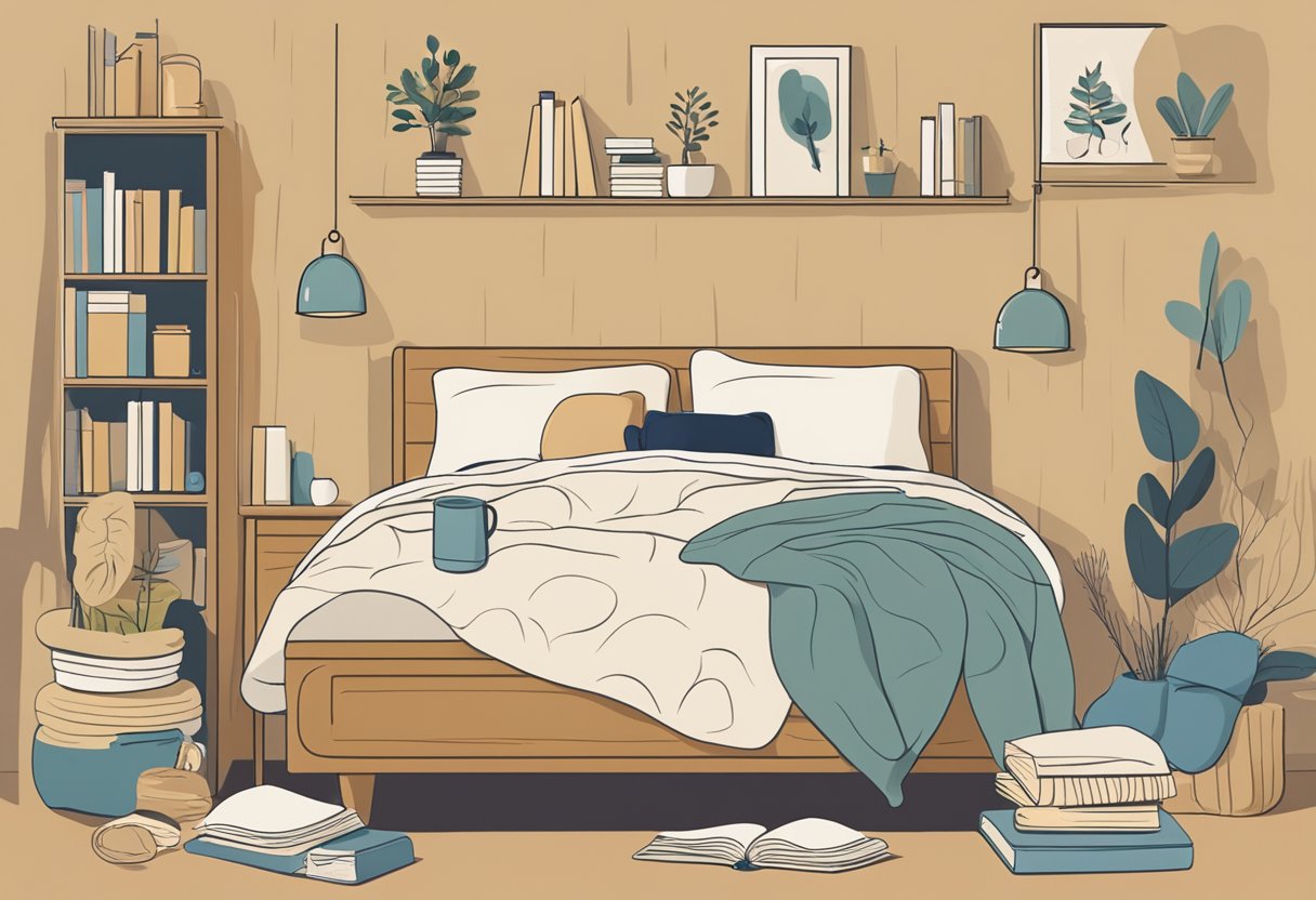 A person resting in bed with a book and a glass of water, surrounded by comforting items like blankets and pillows. A calendar on the wall shows a balance of rest and activity