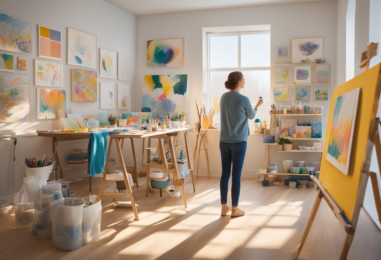 A person joyfully painting in a bright, sunlit studio, surrounded by art supplies and finished canvases. A sign on the wall reads "Building Life After Diagnosis - Exploring New Hobbies, cancer thriver."