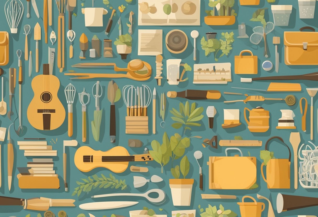 A person is surrounded by various hobby items, such as art supplies, musical instruments, and gardening tools. The scene exudes a sense of curiosity and excitement for exploring new interests