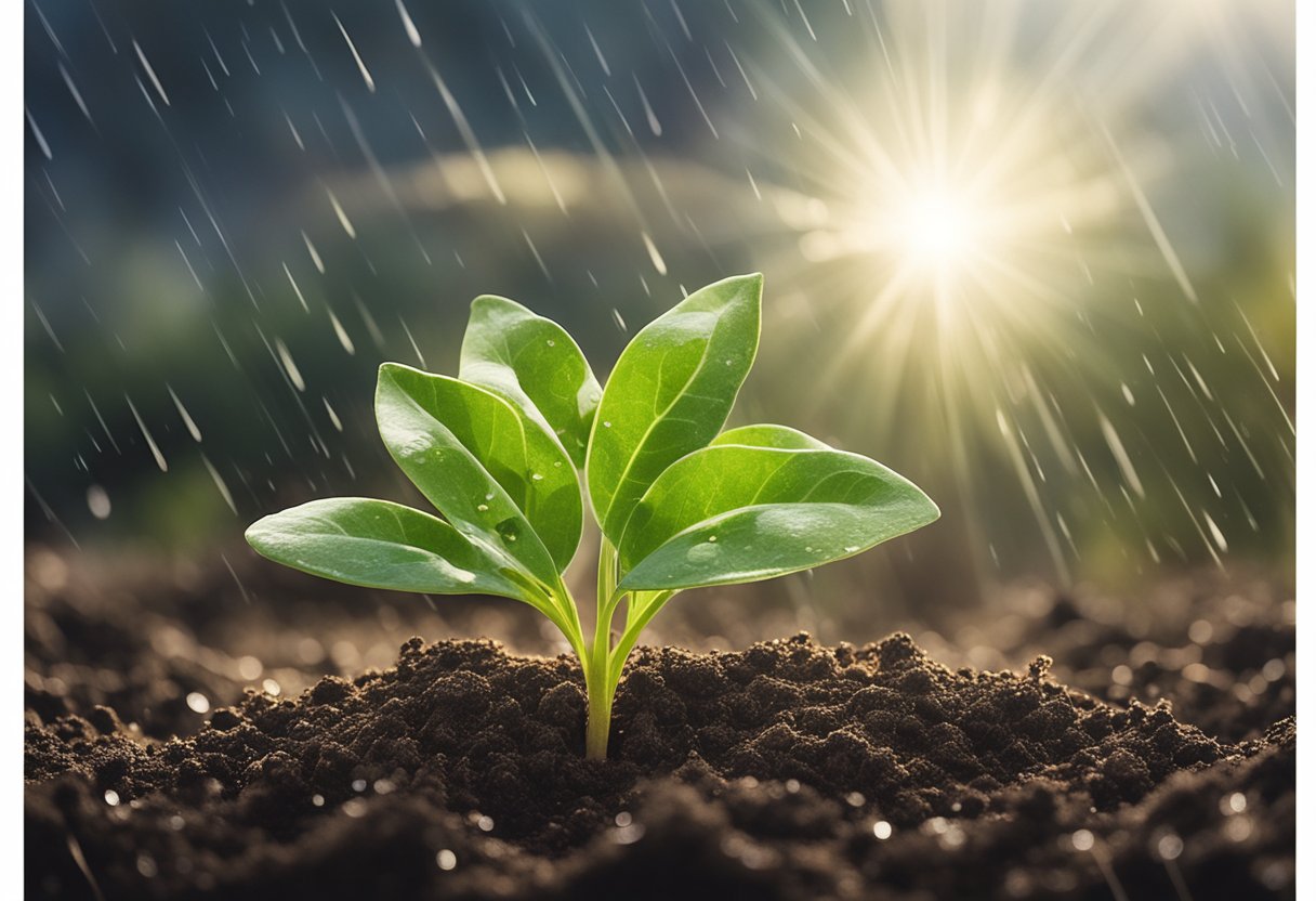 A sprouting seedling breaking through soil, surrounded by rays of sunlight and raindrops, symbolizing resilience and growth