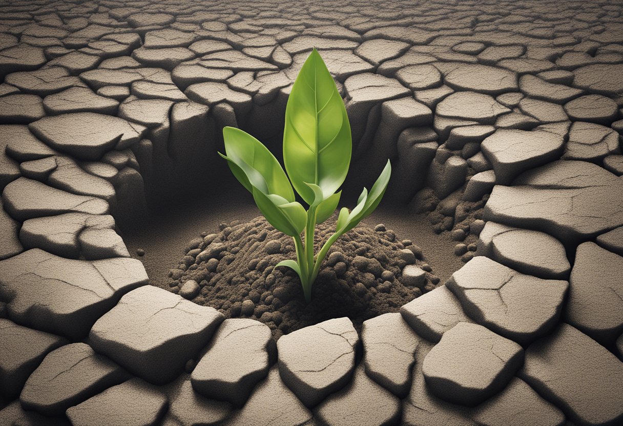 A sprouting seed breaking through rocky soil, surrounded by supportive elements like sunlight and water