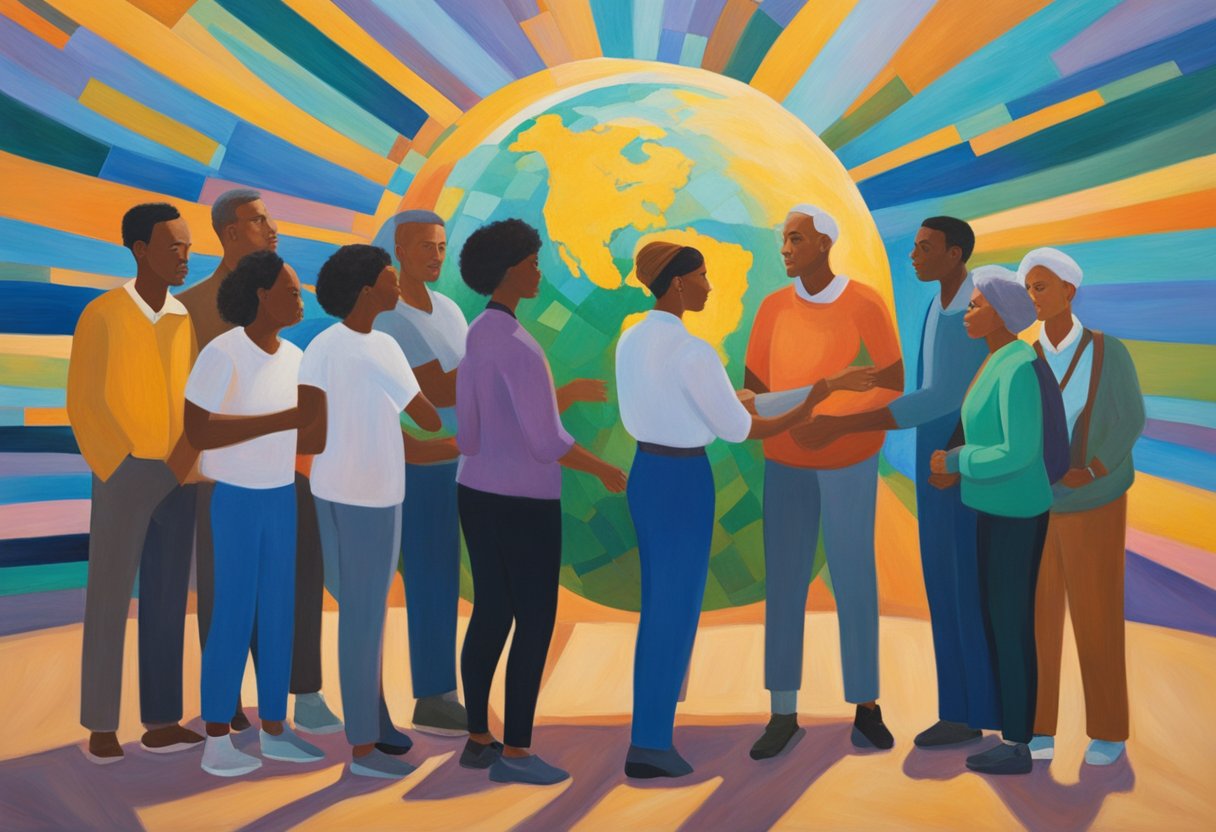 A group of diverse individuals stand together, each holding a symbol of hope. A large globe in the background represents the global impact of cancer stigma