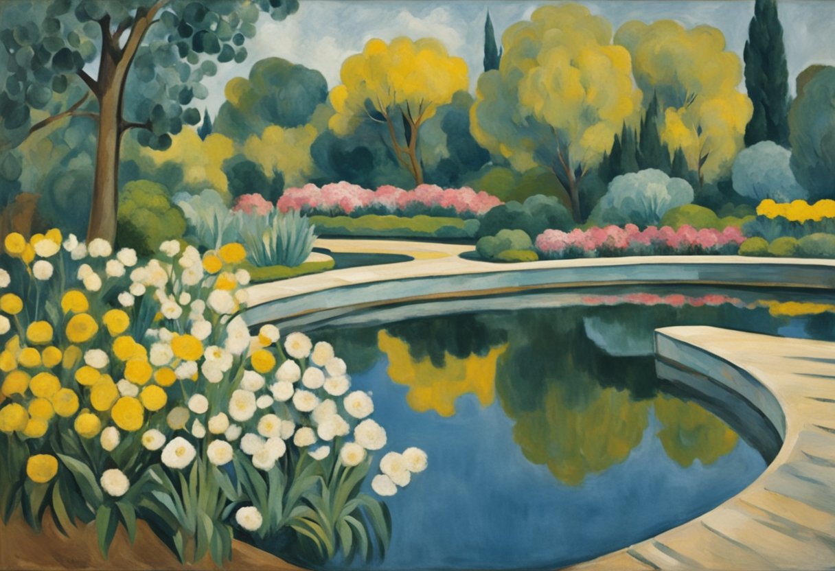 A serene garden with blooming flowers and a peaceful pond, symbolizing hope and renewal amidst the challenges of cancer survivorship and grief