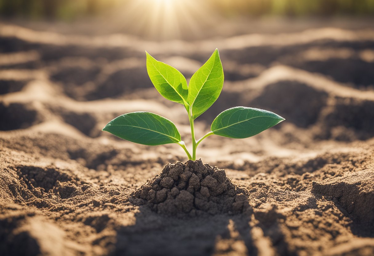 A seedling pushing through cracked earth, reaching towards the sunlight