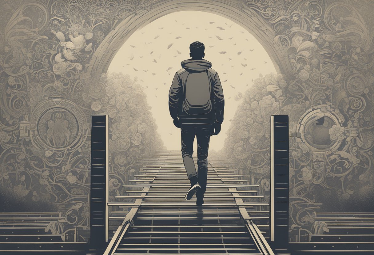 A person facing a hurdle with a determined look, surrounded by symbols of growth and resilience