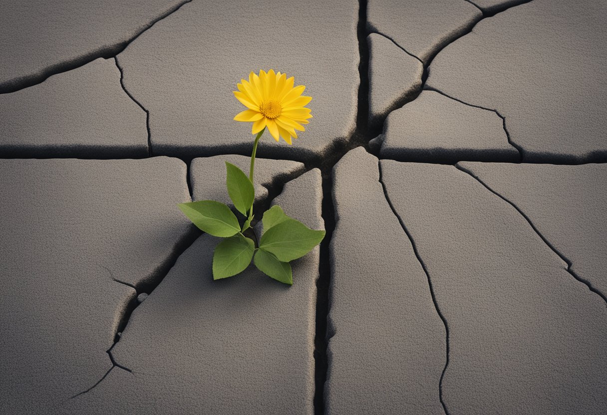 A blooming flower growing from a cracked pavement, symbolizing resilience and growth mindset in a cancer thriver's life