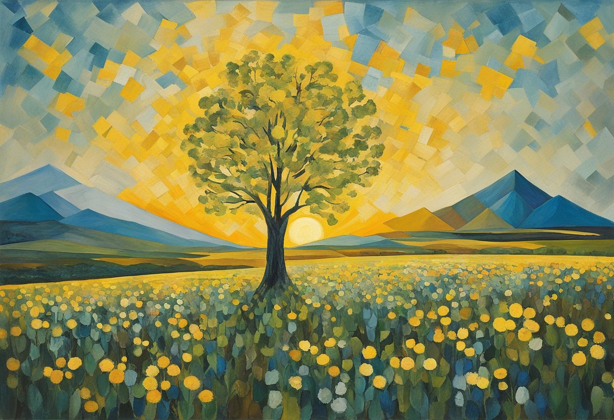 A lone tree stands tall amidst a field of wildflowers, symbolizing resilience and growth after hardship. The sun sets in the background, casting a warm glow over the scene