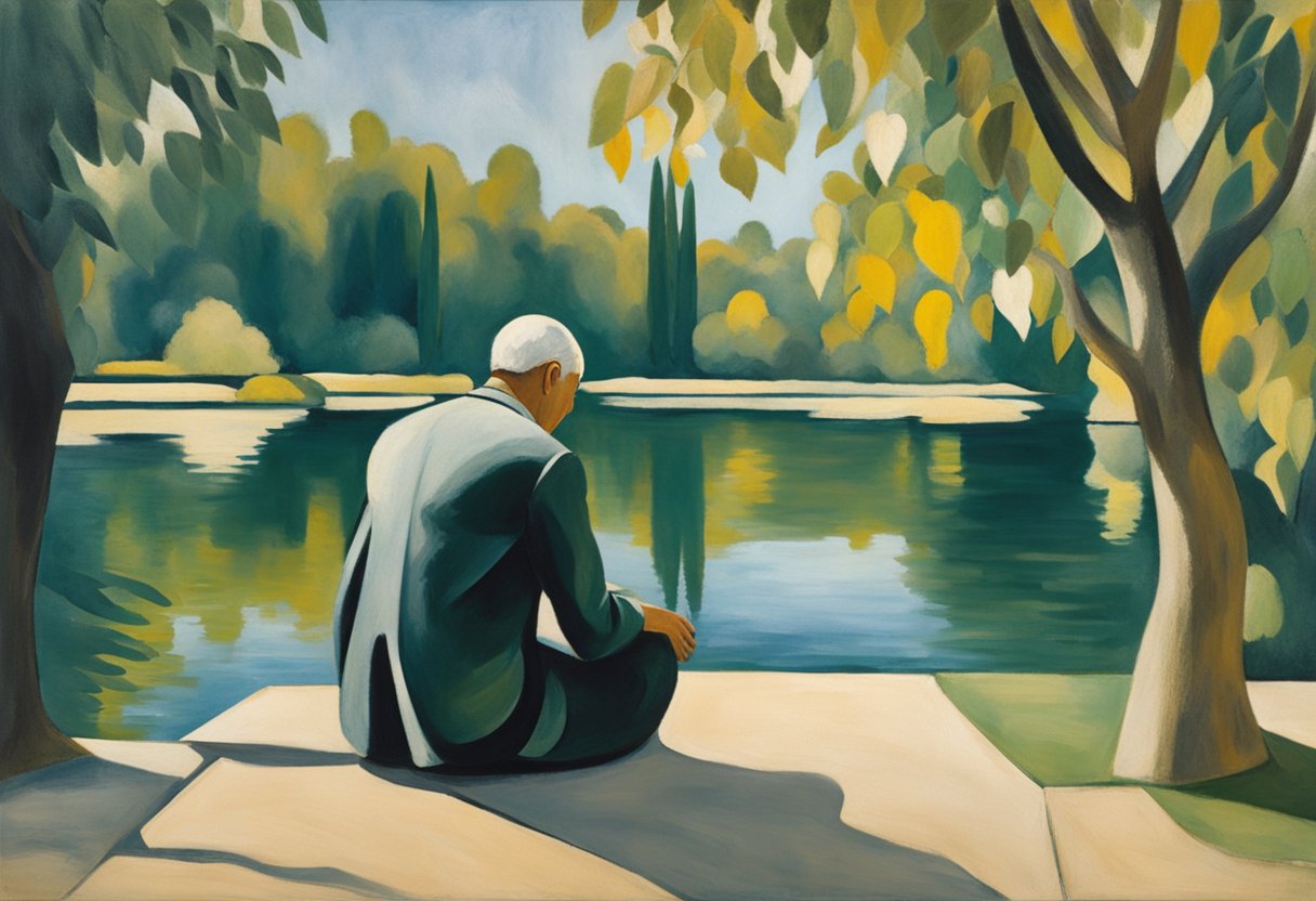 A serene figure sits by a calm lake, surrounded by lush greenery. They appear peaceful and focused, engaging in mindful activities like meditation or yoga