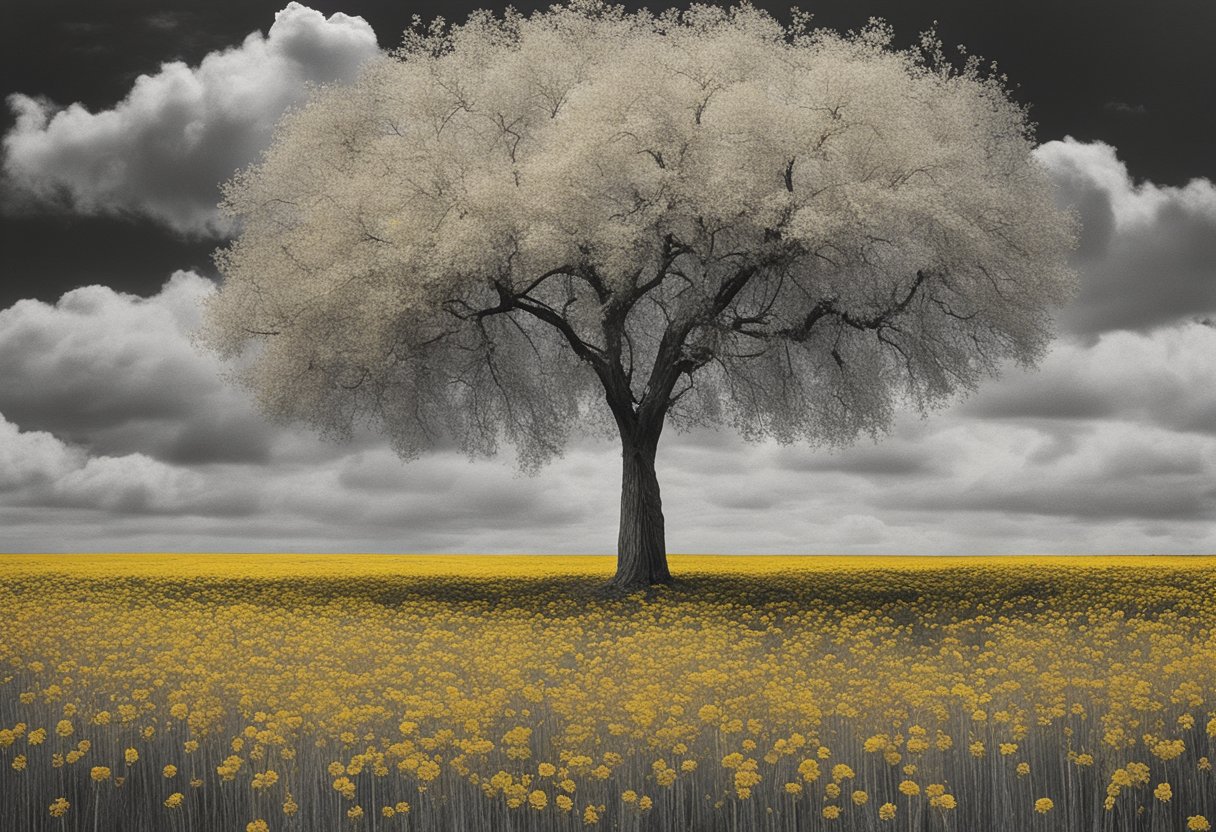 A lone tree stands tall amidst a field of wilting flowers, symbolizing resilience and hope in the face of loss and survivorship