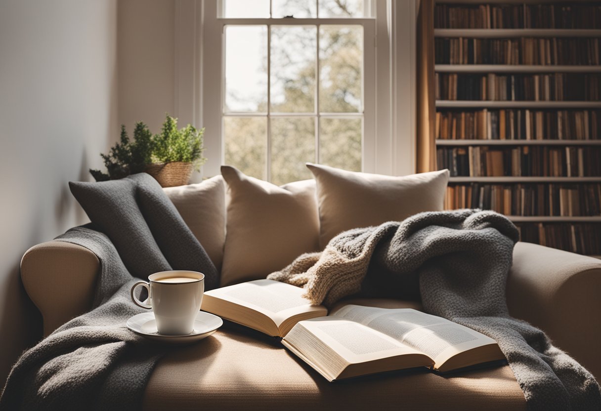 A cozy reading nook with a stack of books, a warm blanket, and a cup of tea, surrounded by soft, natural light