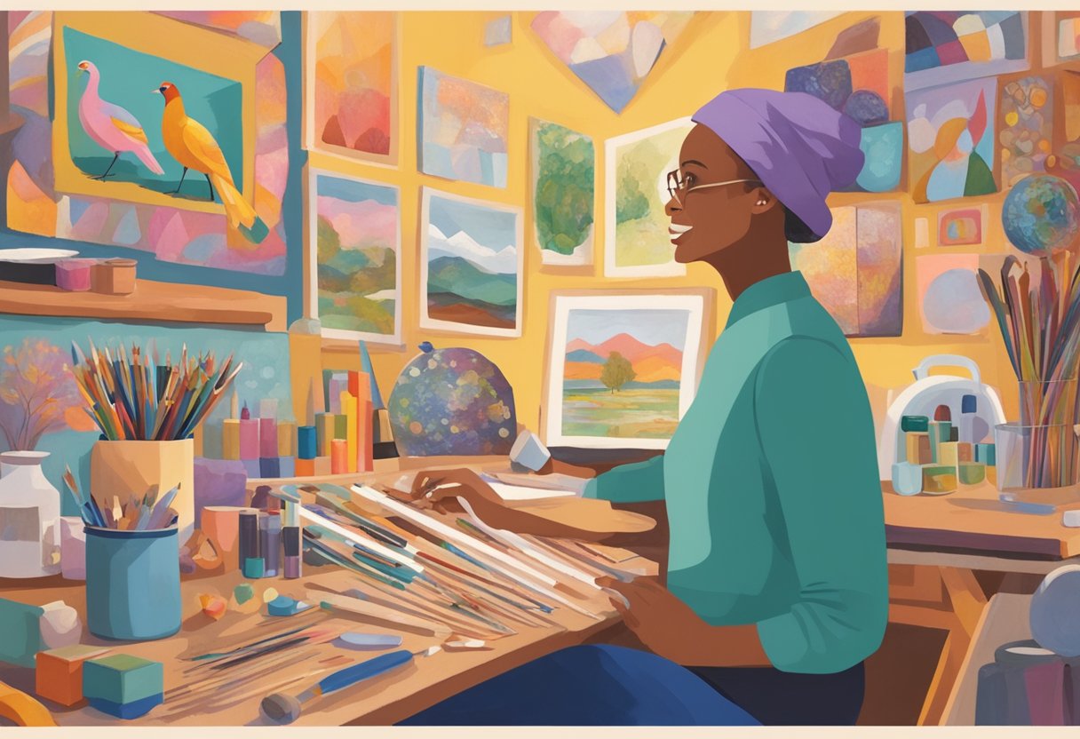 A person joyfully engages in a favorite hobby, surrounded by art supplies and a supportive community, symbolizing their journey through cancer