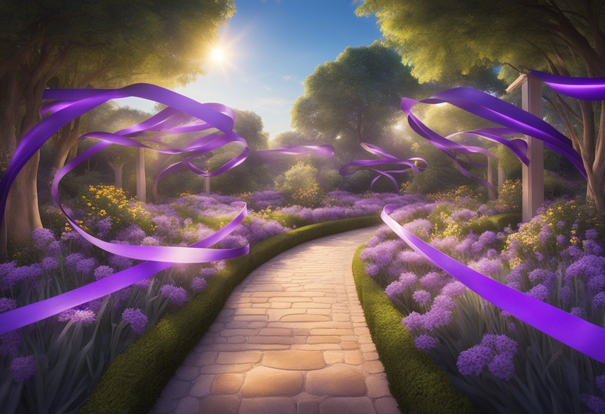 A vibrant garden with purple ribbons and a glowing sun, representing hope and strength for lymphoma advocacy and awareness