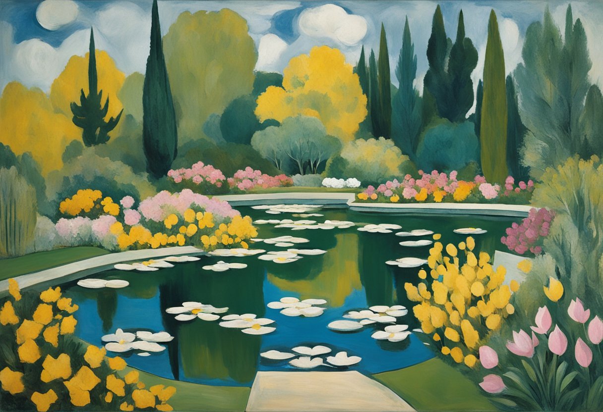 A serene garden with blooming flowers and a peaceful pond, symbolizing hope and healing amidst grief and cancer survivorship